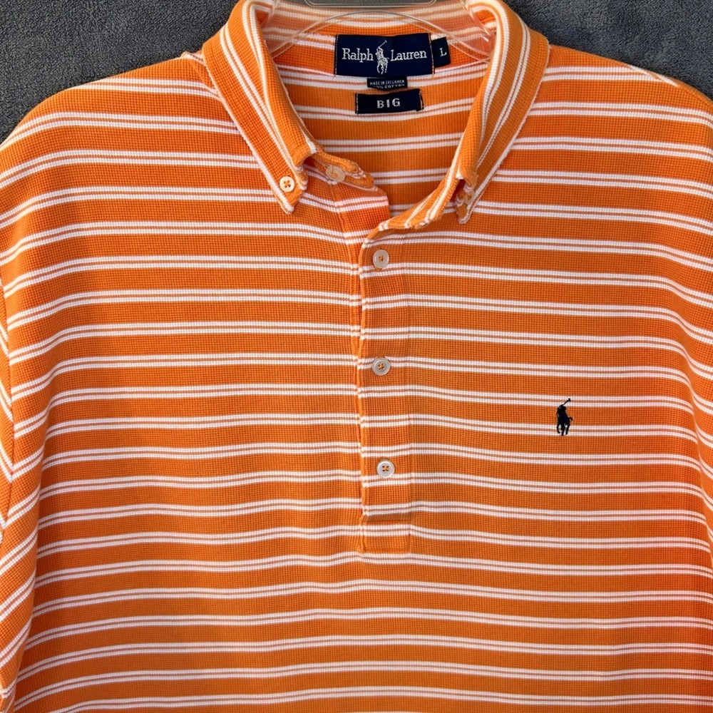 Ralph Lauren Mens Big Large Waffle Knit Polo Orange White Striped Shirt
